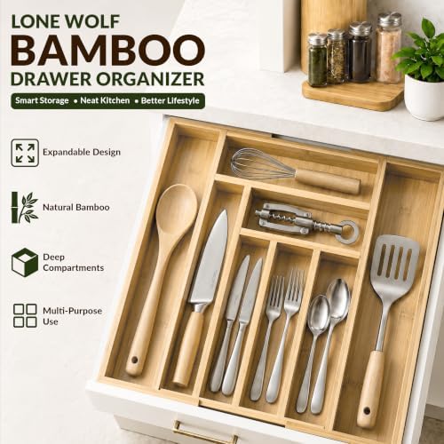 Expandable Bamboo Silverware Drawer Organizer, Utensil Holder, Natural
