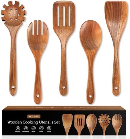 5 Pcs Acacia Wooden Spoons for Cooking Non-Stick Wooden Utensil Set