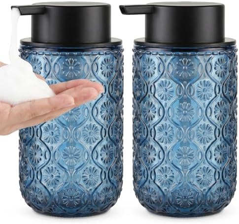14 OZ Blue Glass Foam Soap Dispenser, 2-Pack Vintage Foaming Soap