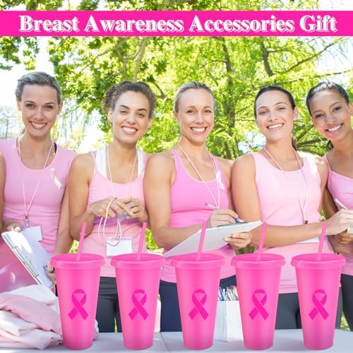 12 Pcs Breast Cancer Awareness Tumblers with Lids and Straws 24 oz