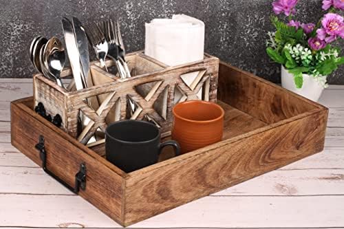 Wooden Decorative Serving Tray with Metal Handles | Wood Trays for