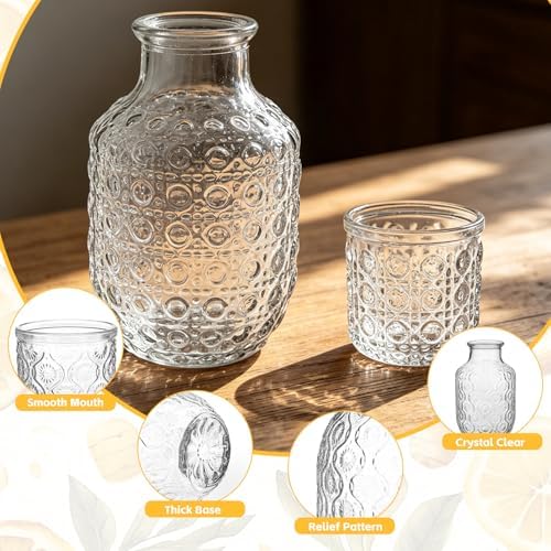 2 Sets Vintage Bedside Water Carafe and Glass Set, 4 Pcs 14Oz Clear