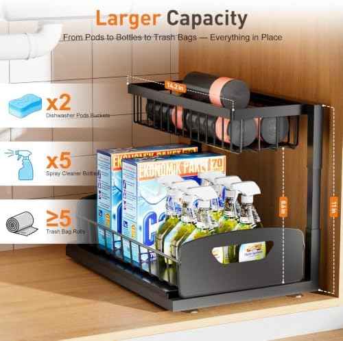 Under Kitchen Sink Organizer, Metal Pull Out Bathroom Organizers and Storage, 2-Tier Cabinet Organizer Shelf with Sliding Drawer, Home Organization for Kitchen, Laundry, Pantry, Black, 2 Pack