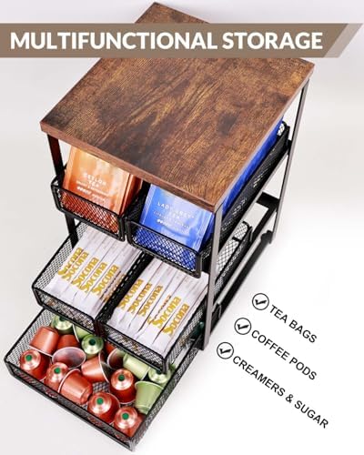 Tea Bag Organizer with 5 Drawers, Wooden & Metal Tea Storage Organizer