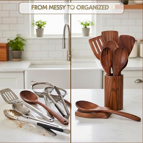 9 Pieces Natural Teak Wood Kitchen Utensil Set