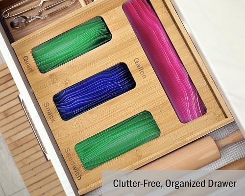 Ziplock Bag Organizer for Drawer – Bamboo Ziploc Bag Holder with