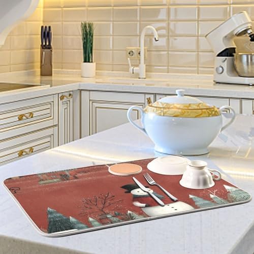 OTVEE Snowmen Red Barns Dish Drying Mat for Kitchen Counter Absorbent