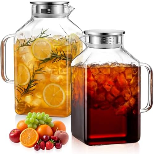 Gisafai 2 Pack 1 Gallon Square Glass Water Pitcher with Lid Spout