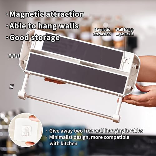 3 in 1 Aluminum Foil and Plastic Wrap Organize Dispenser with Cutter, Magnetic Paper Towel Holder for Fridge, Includes 1 Roll of Cling Film