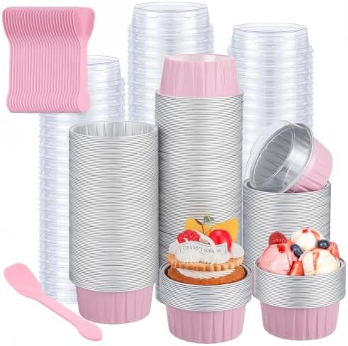 Hushee 300 Set Aluminum Foil Baking Cups with Lid Spoons, Round, Pink