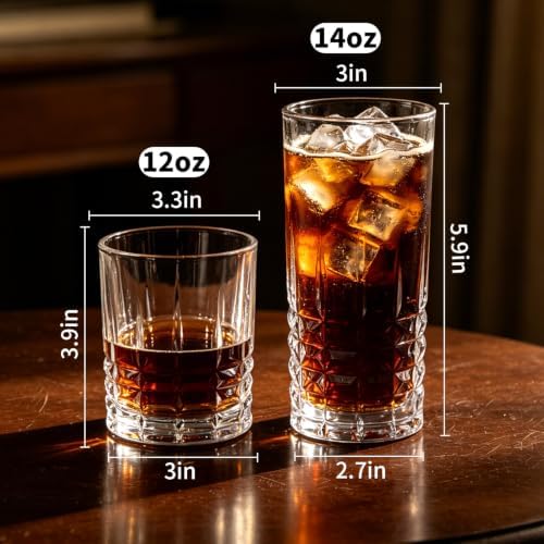 Drinking Glasses Set of 8, 12oz Rocks Glasses and 14oz Highball