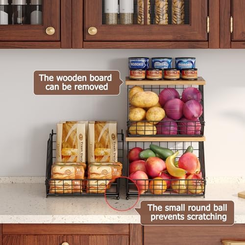 2 Set Stackable Wire Basket with Wooden Tops & Pad for kitchen