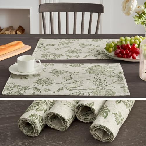 JINCHAN Sliva Linen Floral Placemats Set of 4 Farmhouse 13x19 Sage