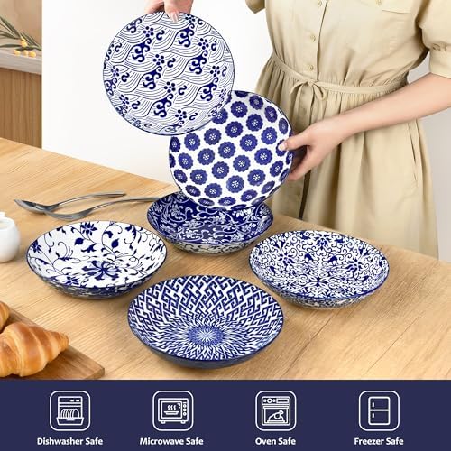 7.8 Inch Porcelain Pasta Bowls Set of 6, Ceramic Salad Bowls Blue &