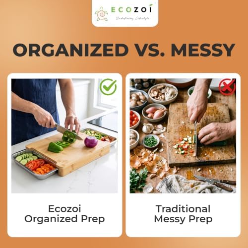 Bamboo Cutting Board by Ecozoi with 2 Slide Out Drawers. Keep Meal