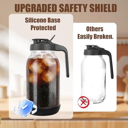 64 oz Glass Mason Jar Pitcher with Lid, Handle & Non-Slip Silicone