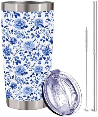 Blue and White Chinoiserie Floral Tumbler 20 oz, Peony Insulated