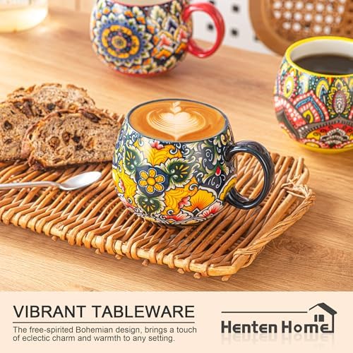 Henten Home Ceramic Coffee Mug Set of 6, 20 oz Colorful Coffee Cup
