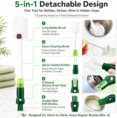 5-in-1 Water Bottle Cleaner Brush Set - 7 Pack, 14.17" Long Narrow