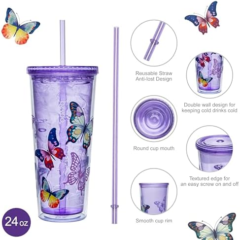 bzyoo 24oz Plastic Tumbler Cup, Lid & Straw, Iced Coffee, Purple