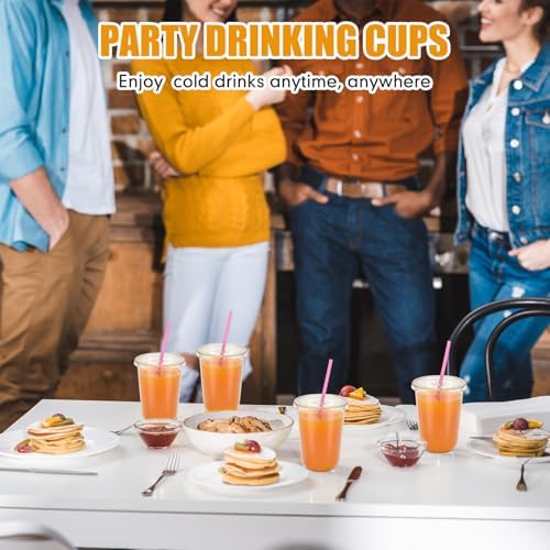 Ziliny 100 Pack 16 oz Plastic Cups with Lids Straws Iced Coffee, Pink
