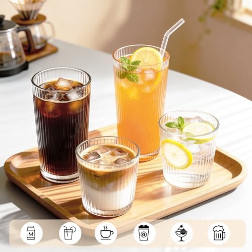 12PCS Ribbed Drinking Glasses - 6 Highball Glasses 8oz, 6 Rocks Glass