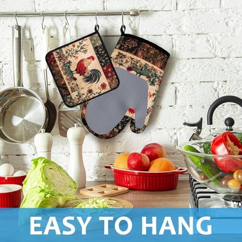 Rustic Rooster Oven Mitts and Pot Holders Set, 4 Pcs