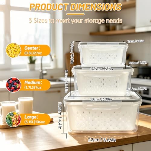 3 Pack Fruit Storage Containers for Fridge with Removable Colander