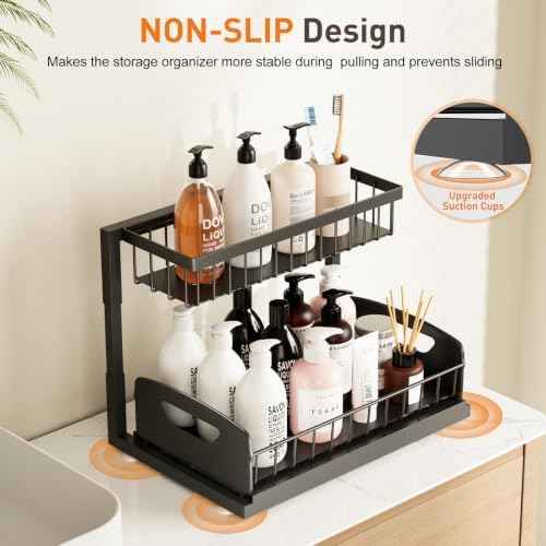 Under Kitchen Sink Organizer, Metal Pull Out Bathroom Organizers and Storage, 2-Tier Cabinet Organizer Shelf with Sliding Drawer, Home Organization for Kitchen, Laundry, Pantry, Black, 2 Pack