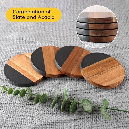 WLWNWFT Marble Acacia Wood Drinks Coasters Set of 4, Modern Rustic