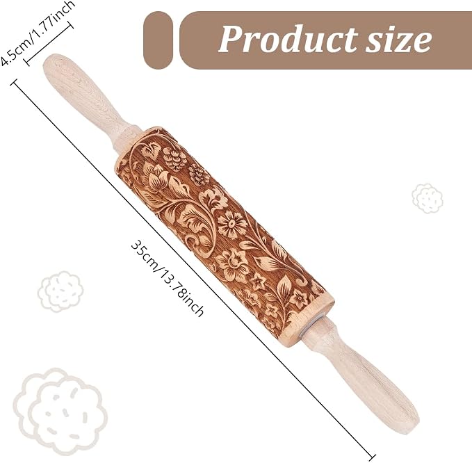 Embossed Wooden Rolling Pin Darker 3D Flower Rattan 35cm Rolling Pin - Image 2