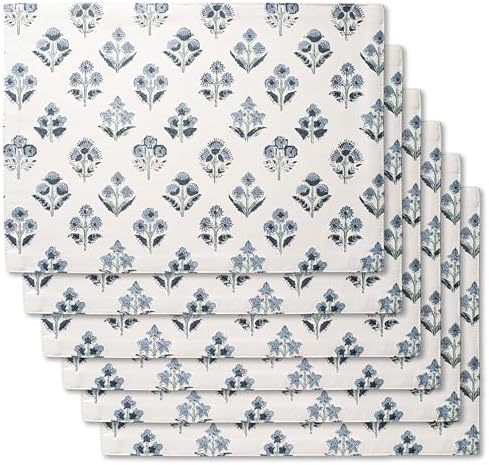 Block Print Floral Decorative Placemats Set of 6, Dusty Blue