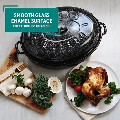 MIRRO 18 Inch Enamel Oval Roaster with Lid for Turkey, Black