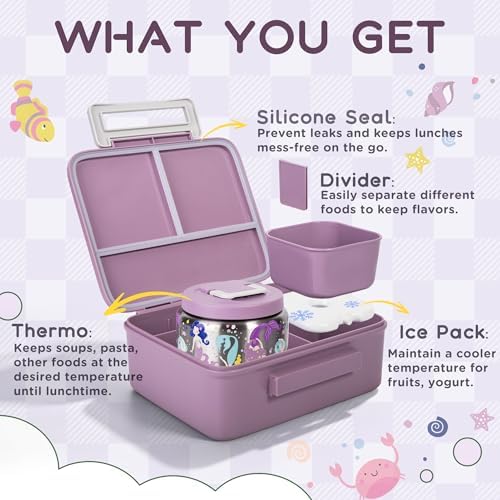 Kids Bento Lunch Box with 8oz Thermo, Ice Pack & Dividers for School