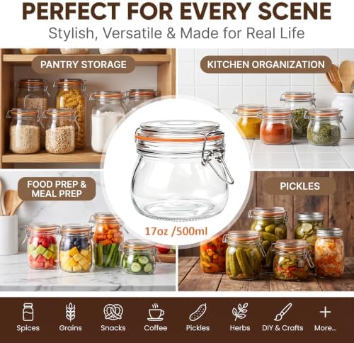 Small Glass Jars with Airtight Lids 17 oz, 6 Pack Mason Jars
