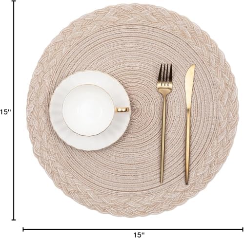 SHACOS Round Placemats Set of 4 Boho Braided Border 15 inch Circle