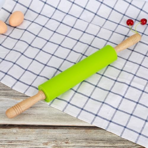 10-inch Silicone Non-stick Dough Rolling Pin Wood Handle, Green
