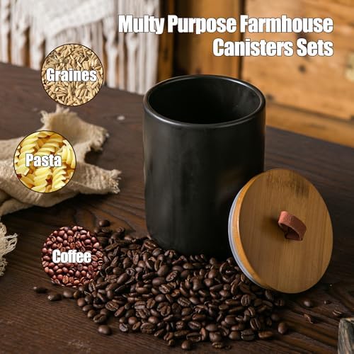 JOJUNO Black Ceramic Canister with Bamboo Lid, 3-Piece Airtight Jars