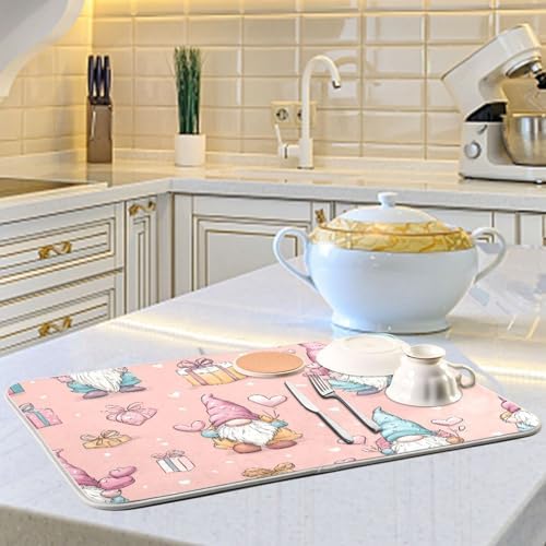 OTVEE Gnome Love Art Dish Drying Mat for Kitchen Counter Absorbent