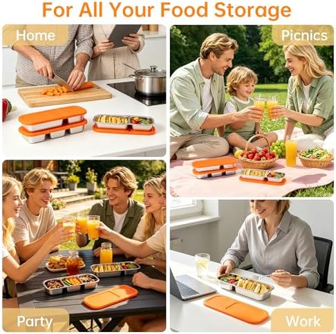 BEFOY 4 Pack Stainless Steel Snack Containers with Lids Compartments