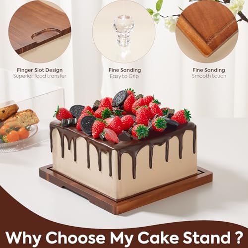 Acacia Wood Cake Stand with Lid,2-in-1 Cake Holder with Dome,Square