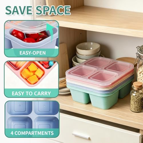 buluker 4 Pack Bento Snack Containers Set, 4 Compartment Food Storage