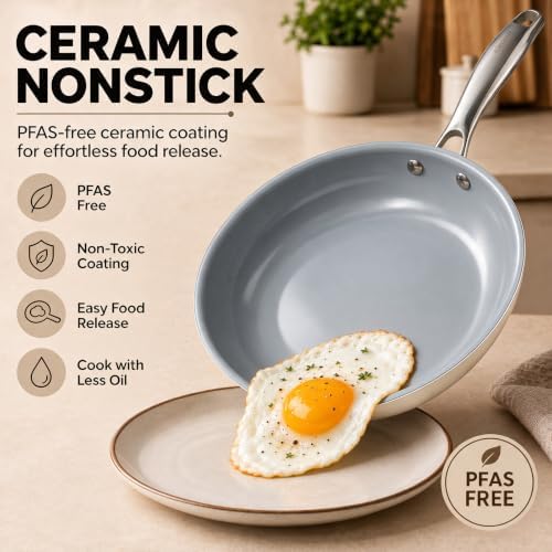 Kikcoin Ceramic Nonstick Frying Pans Set, 3 Piece Skillets