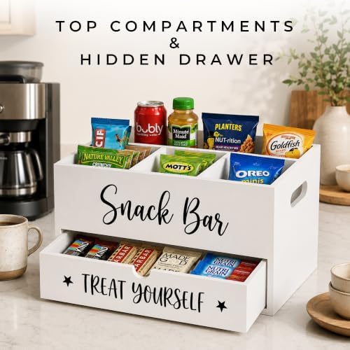Wood Snack Organizer for Countertop, 4 Compartment Pantry Storage Bins