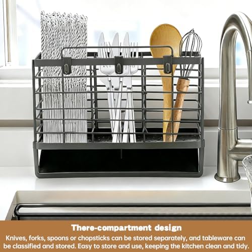 Utensil Holder, Kitchen Utensil Drying Rack, 3-Compartment Sink Caddy