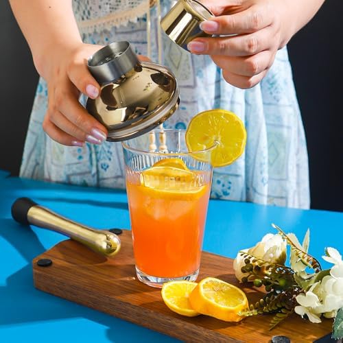 Cocktail Shaker Set 17oz, Gold Glass Martini Shaker with Strainer &