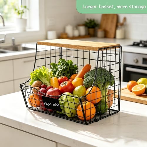 3 Pack Wire Fruit Baskets with Wood Lid