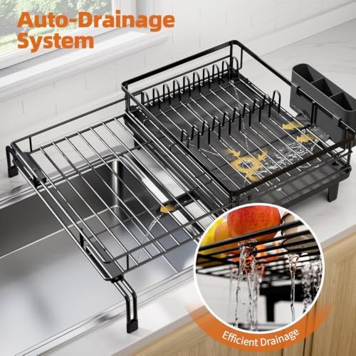 Urackify Expandable Sink Dish Drying Rack for Kitchen Counter, 1-Tier Black