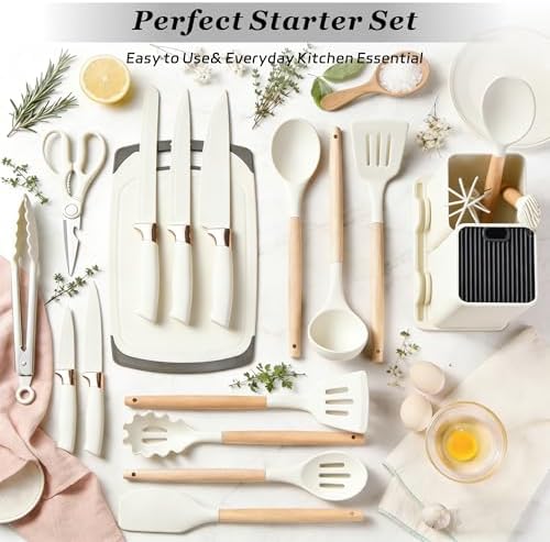19 Piece Kitchen Utensil Set with Knife Set and Holder, White