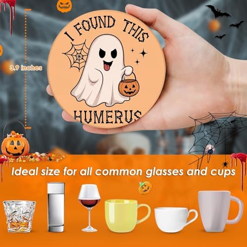 Halloween Ceramic Stone Coasters for Drinks, Set of 6, Kawaii Ghost
